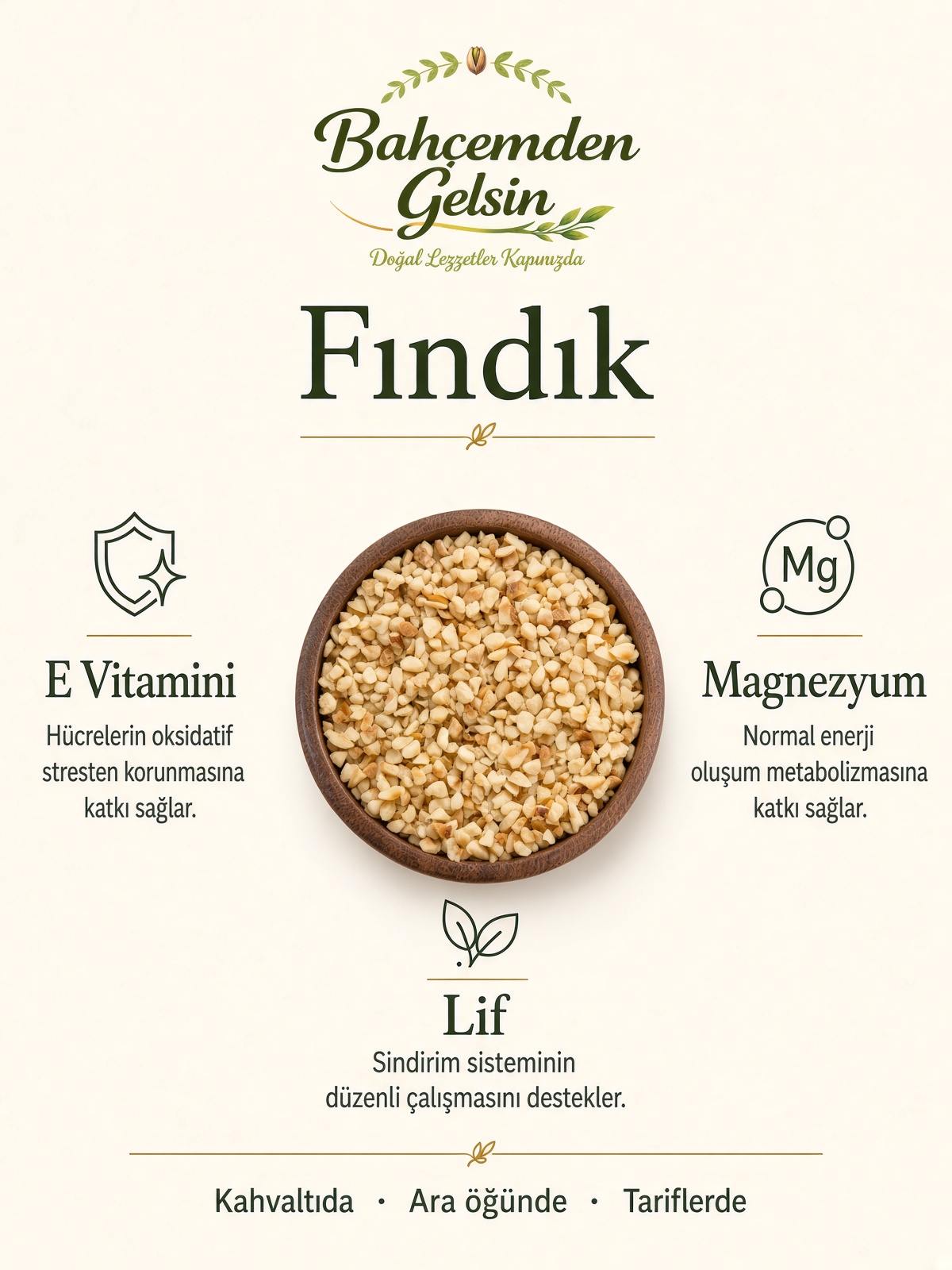 Pasta ve tatlılar için küçük parçalı pirinç fındık bilgi kartı