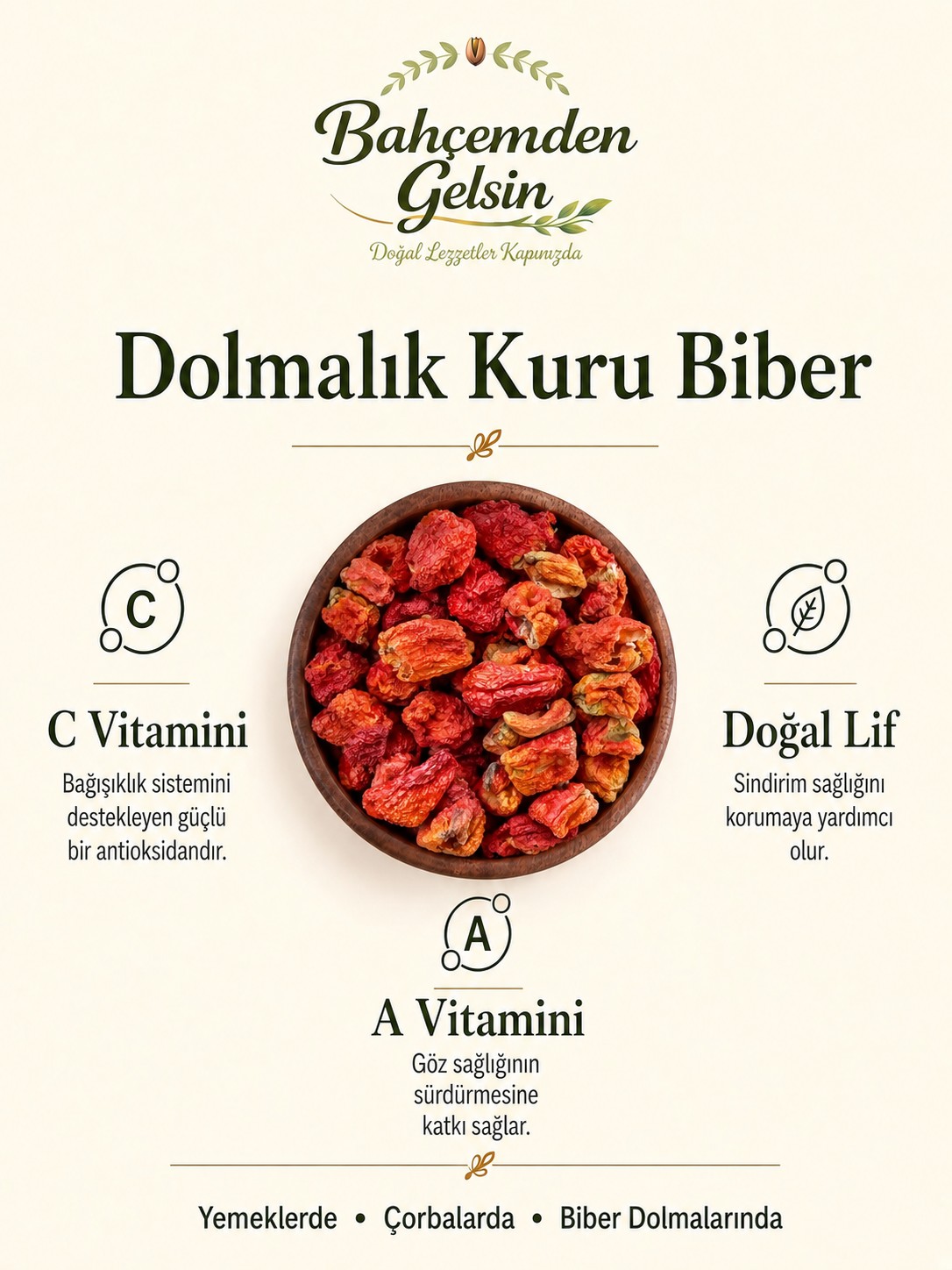 İpe dizilmiş kuru dolmalık biberler bilgi kartı