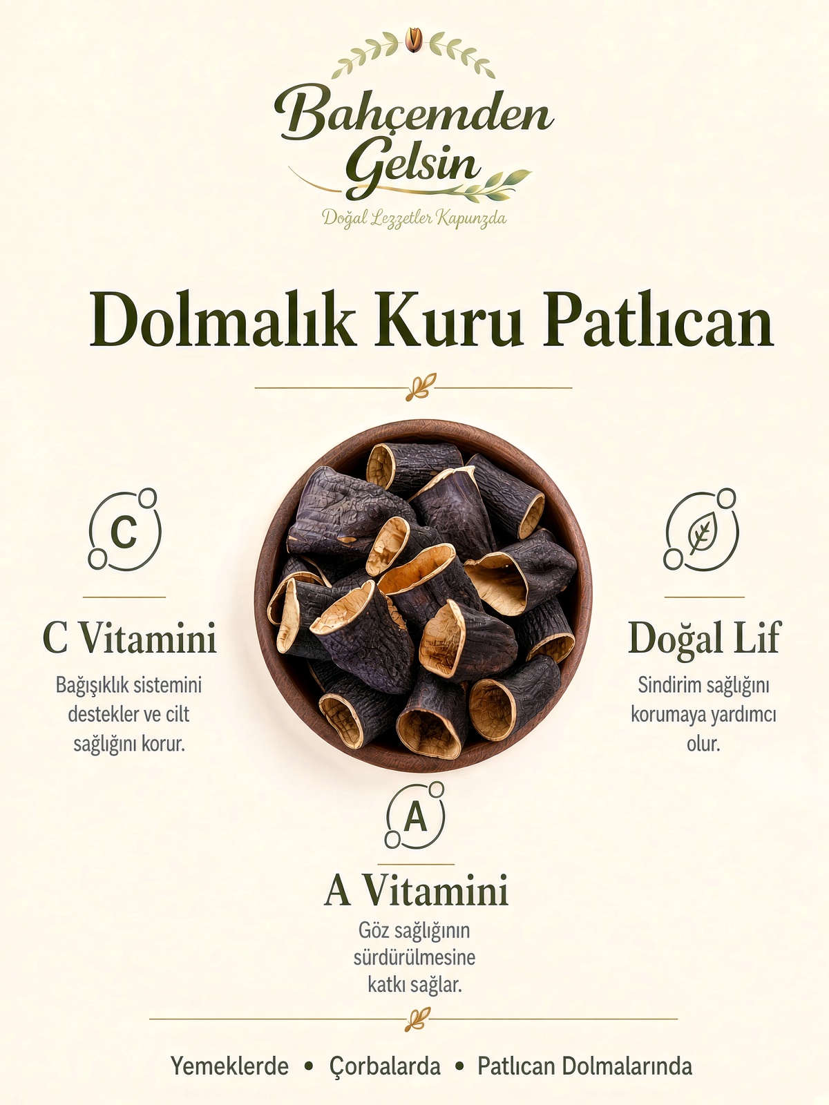 İpe dizilmiş kuru dolmalık patlıcanlar bilgi kartı